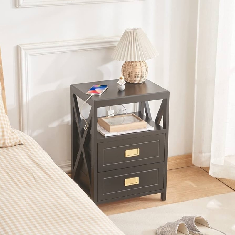 Black Nightstand with Integrated Outlets and Open Shelf