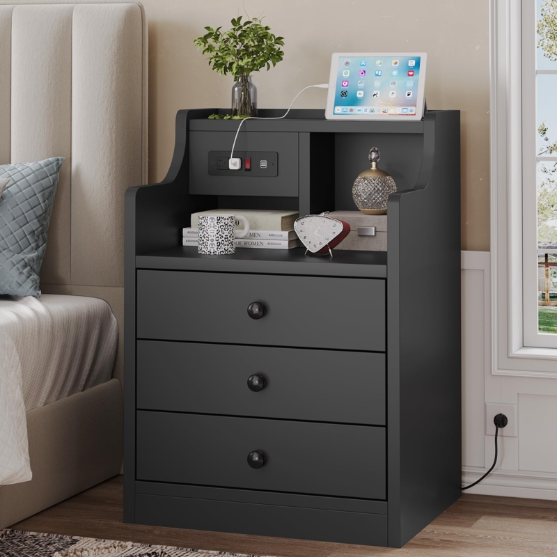 Black Nightstand with Top Hutch Shelf, Three Drawers, Charging Station