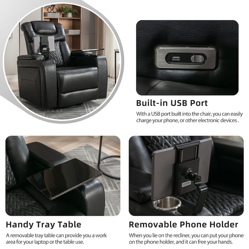 Black Power Recliner with Tray Table and Phone Holder Attachments