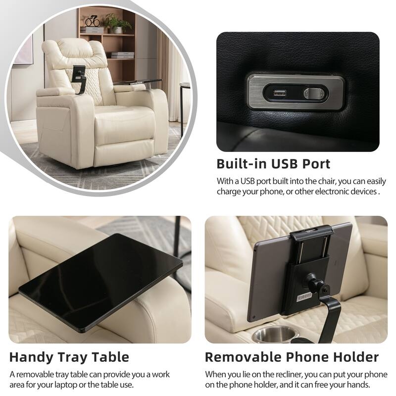 Black Power Swivel Recliner Leather-Like Tray Table Phone Holder