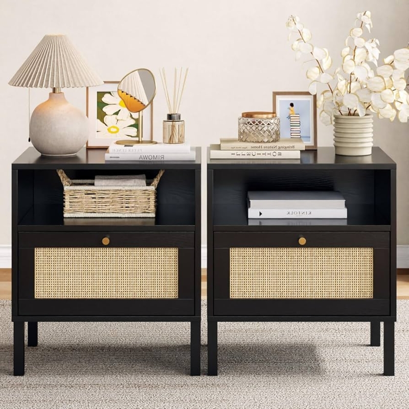 Black & Rattan Nightstand with Cabinet and Open Cubby