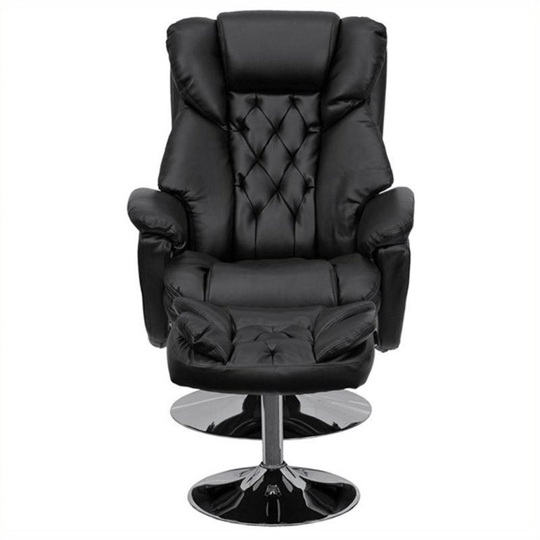 Black Recliner and Ottoman Set with Circular Wood Base