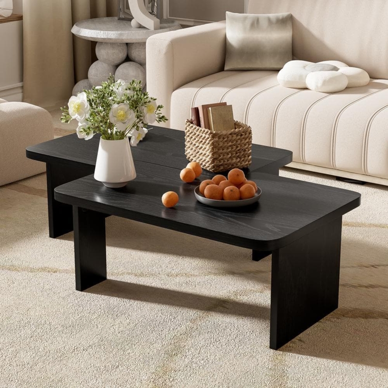 Black Rectangle Coffee Table, Modern Grid Pattern Top and Plinth Base