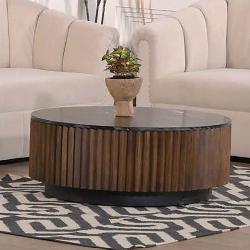 Black Stone Drum Coffee Table Vertical Slatted Wood Base Contemporary