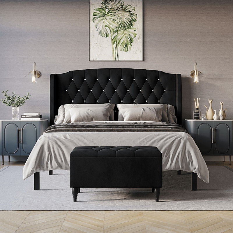 Black Storage Bed With Integrated Drawers And Button Tufted Headboard
