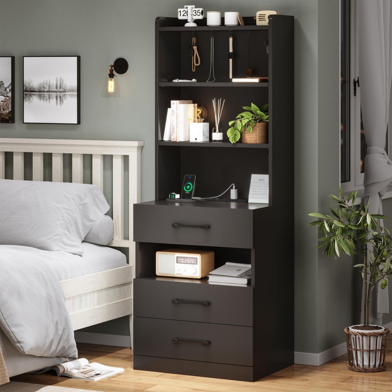 Black Tall Nightstand Tower with Integrated Power