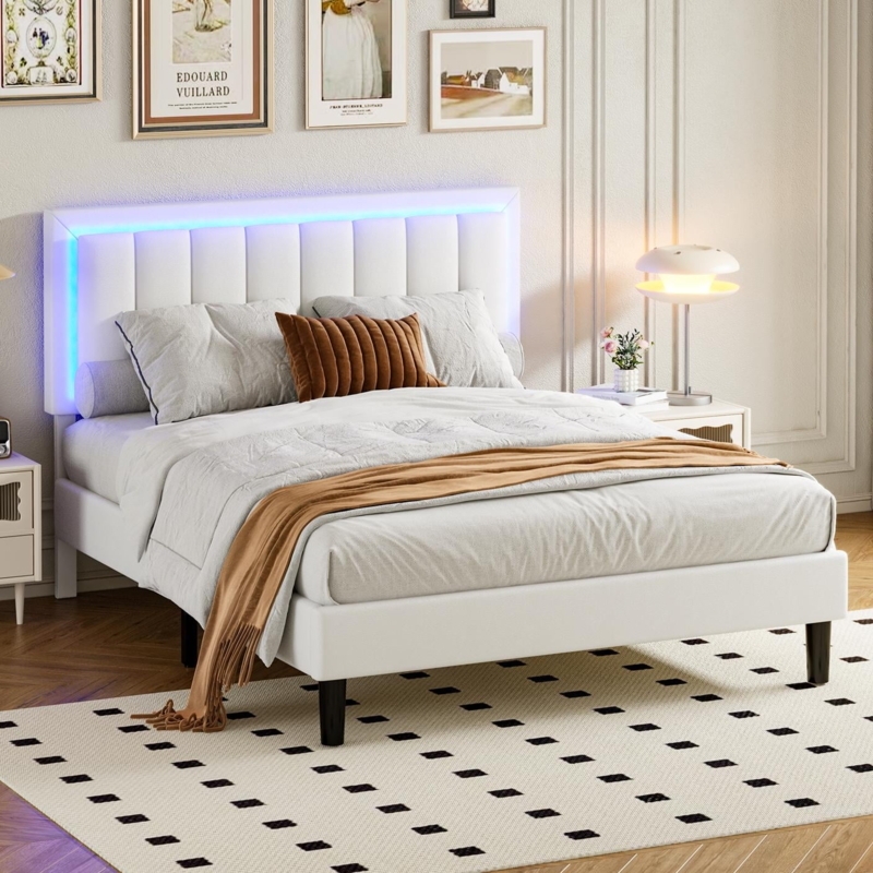 Black Upholstered Bed with LED Headboard, Minimalist Bedroom Design.