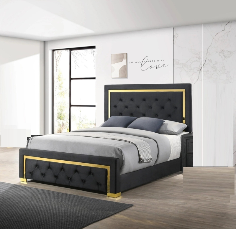 Black Upholstered Bed With Tall Channeled Headboard And Gold Legs