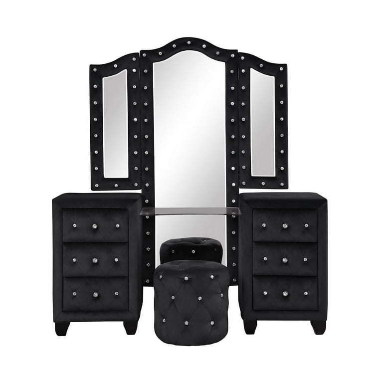Black Vanity Set, Crystal Tufted Stool, 6 Drawers, Rectangular Mirror, Wood.