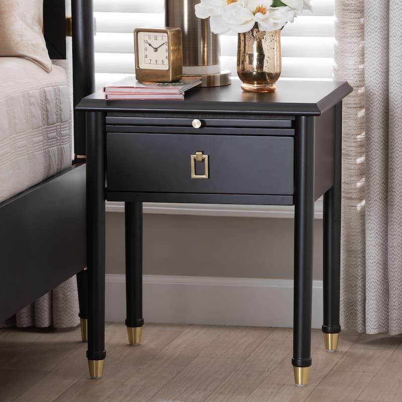 Black Wood Nightstand with Pull-Out Shelf and Gold Hardware Accents