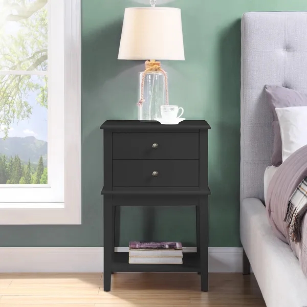 Black Wood Nightstand with Two Drawers and Shelf