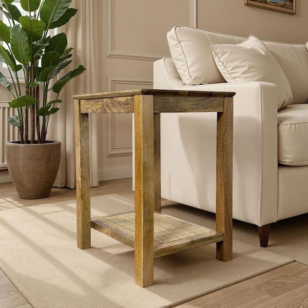 Blonde Acacia End Table with Woven Cane Shelf Coastal Accent