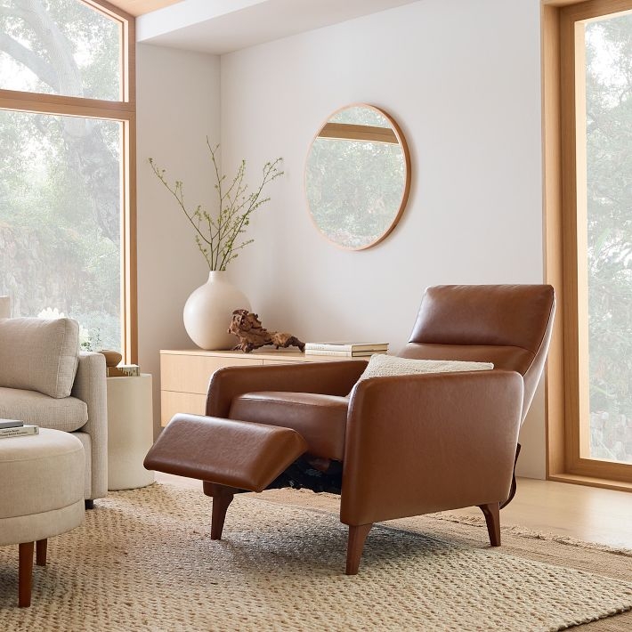Blonde Wood Frame Recliner with Tan Leather-Like Upholstery