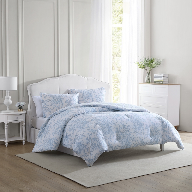 Blue and White Comforter Set Floral Toile Print Cottage Style
