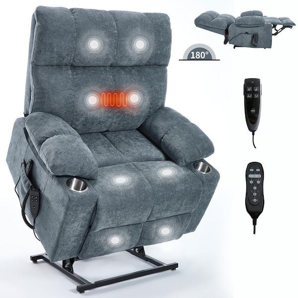 Blue Chenille Like Power Lift Recliner With Integrated Cup Holders