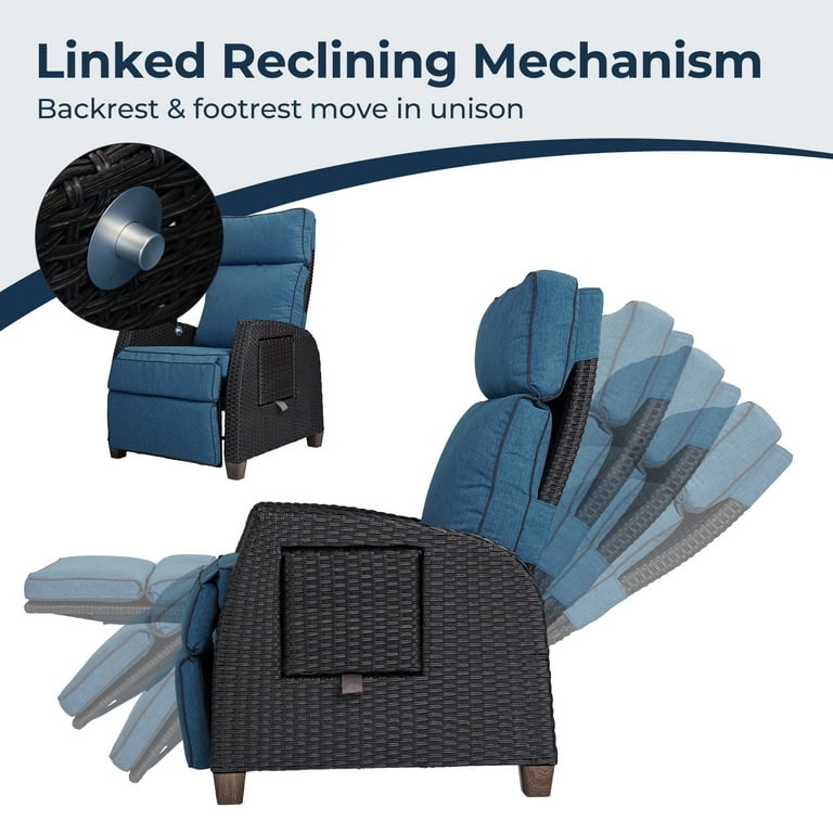 Blue Cushion Outdoor Recliner Set Resin Wicker Adjustable Headrest