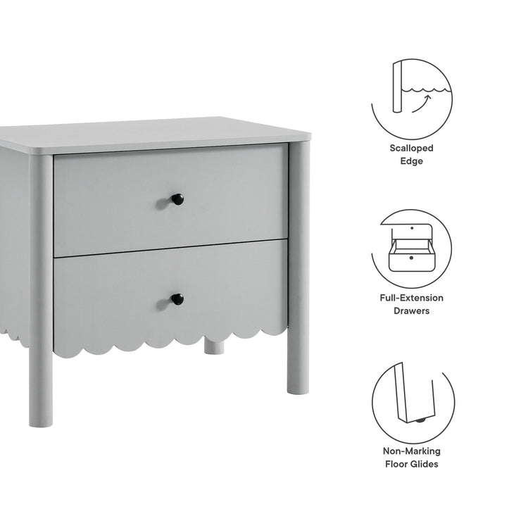Blue-Grey Nightstand with Scalloped Drawer Fronts and Gold Knobs