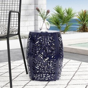 Blue Outdoor Side Table with Iron-Cut Tropical Palm Leaf Pattern