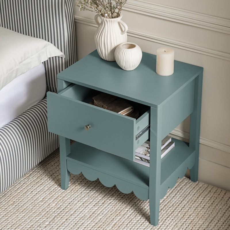 Blue Spruce Nightstand with Scalloped Apron and Metal Leg Caps