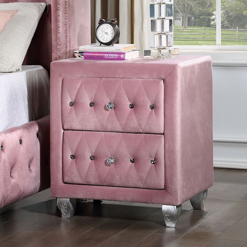 Blush Pink Upholstered Nightstand with Crystal Knobs