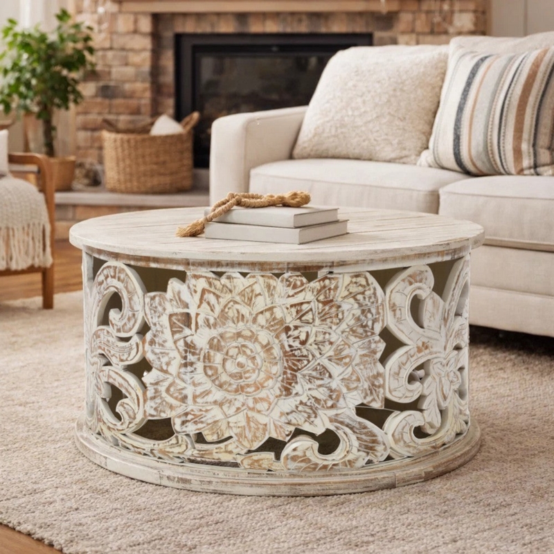 Bohemian Drum Coffee Table with Intricate Floral Carvings