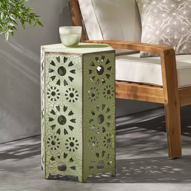 Bohemian Hexagonal End Table with Sage Green Hollow Geometric Design