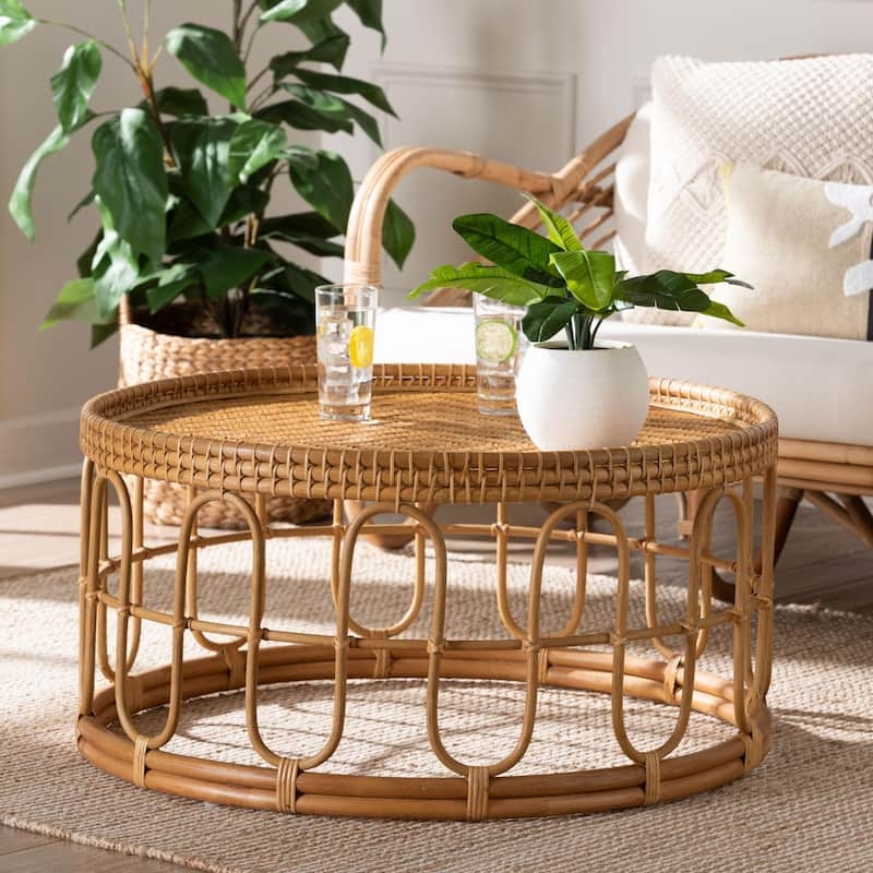 Bohemian Honey Rattan Coffee Table featuring Radial Woven Drum Base