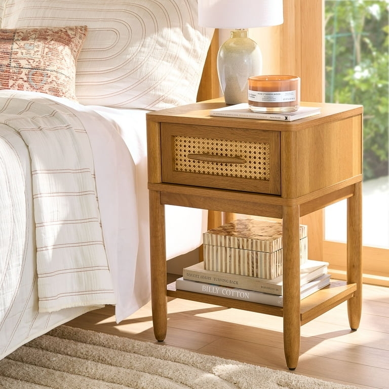 Bohemian Nightstand with Caned Front and Light Honey Wood Finish