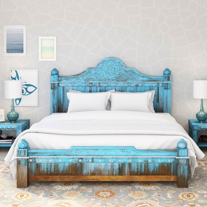 Bohemian Platform Bed with Hand-Carved Distressed Blue Finish