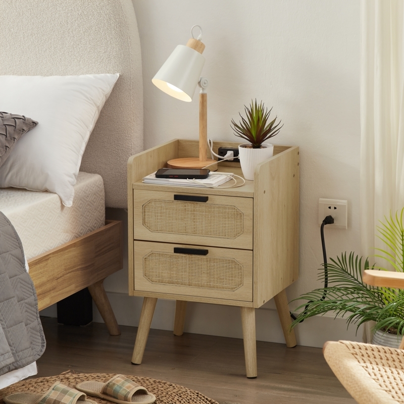 Boho Chic Nightstand Set with Woven Rattan Drawer Front and Charging