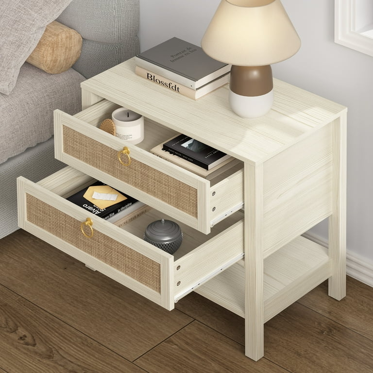 Boho Cream Nightstand with Rattan Drawer Fronts and Open Shelf