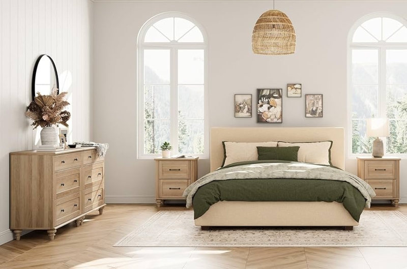 Boho Modern Bedroom Set featuring Light Oak and Woven Rattan Drawers
