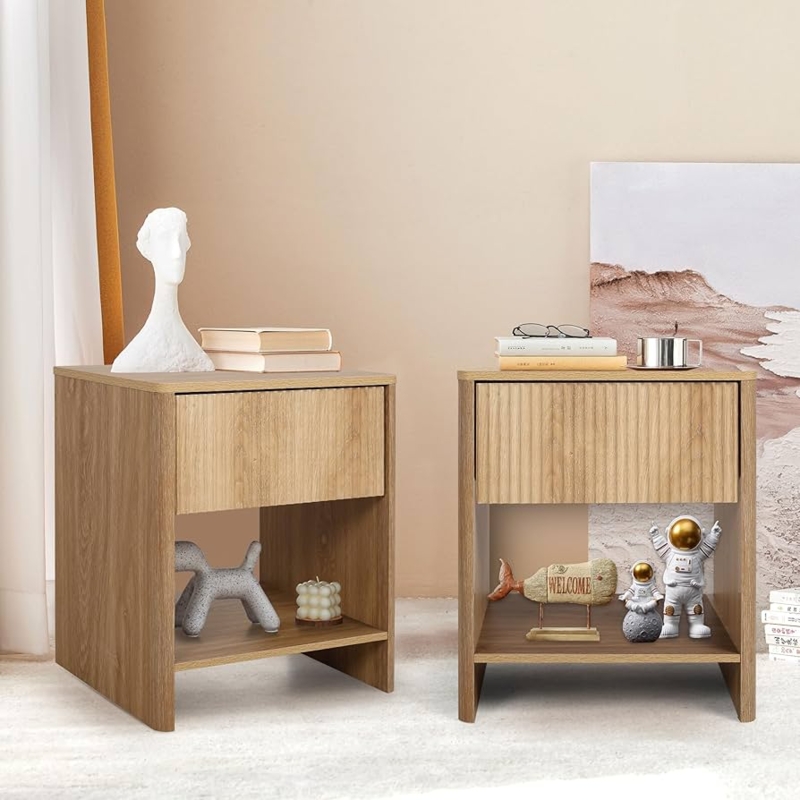 Boho Modern Nightstand Set with Fluted Detail and Gold Metal Legs