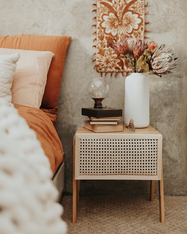 Boho Nightstand: 2-Drawer Rattan Cane Inserts with Gold Knobs