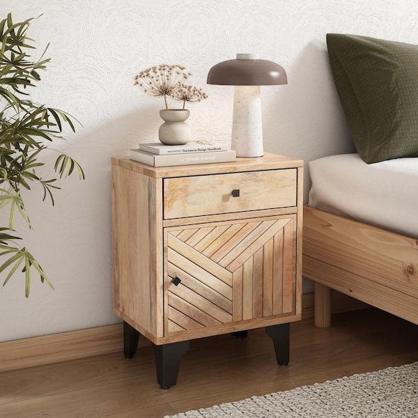 Boho Nightstand with Line Art Pattern on Cabinet Door Natural Wood