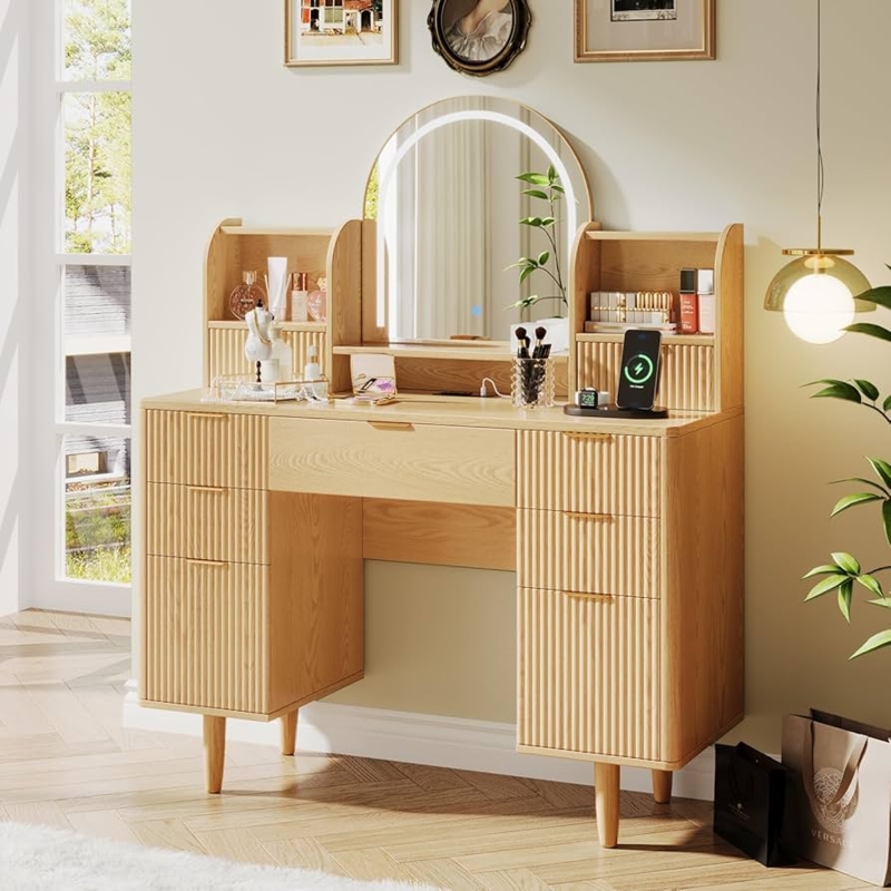 Boho Oak Vanity Desk with Arched Sides and Fluted Drawers