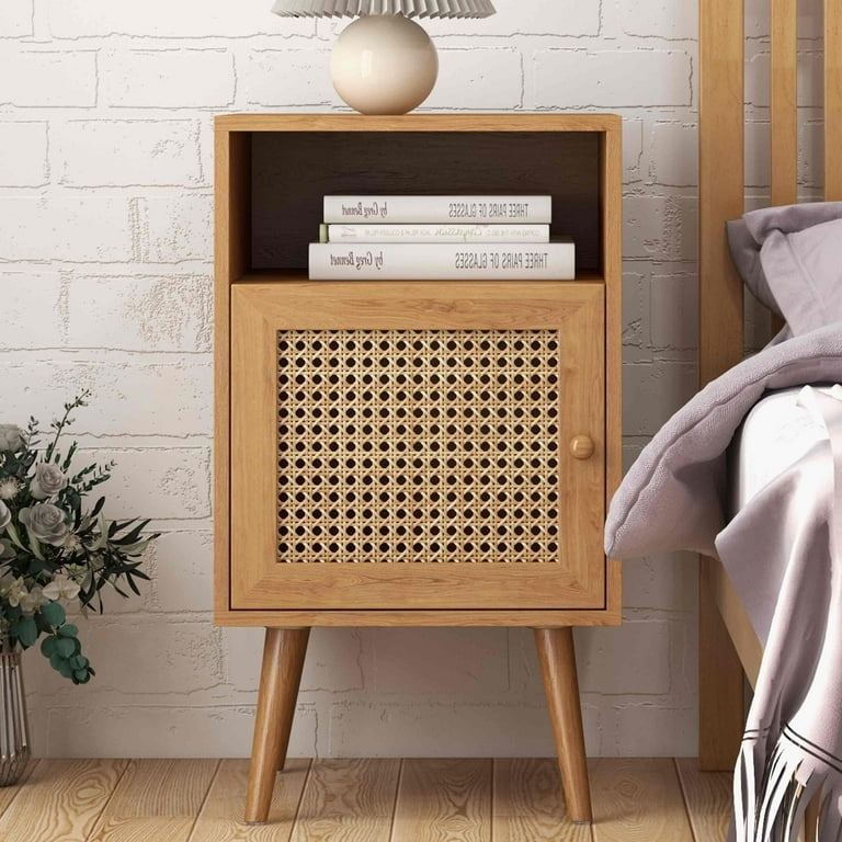 Boho Rattan Nightstand with Drawer, Light Tone, and Gold Handle