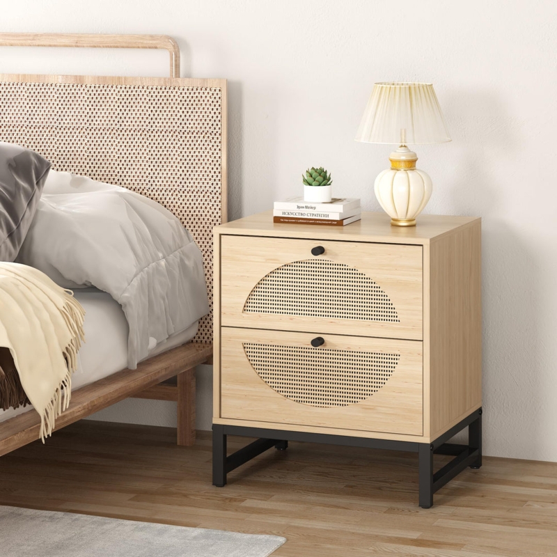 Boho Wood & Rattan Nightstand with Black Metal Legs