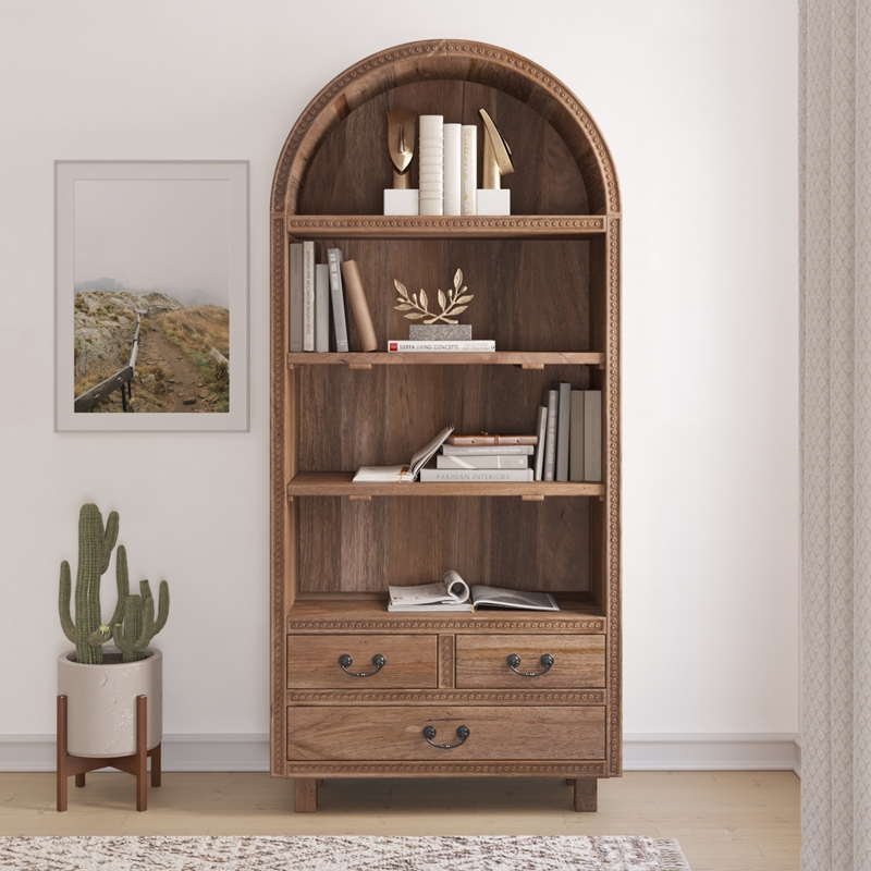 Bookcase Arched Top Rustic Wood Grain Drawers