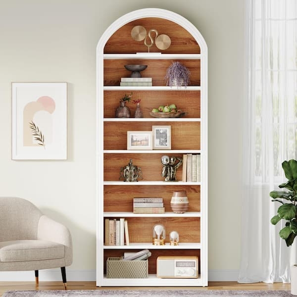 Bookcase Arched Top White Tall with Integrated Cabinet and Open Shelves