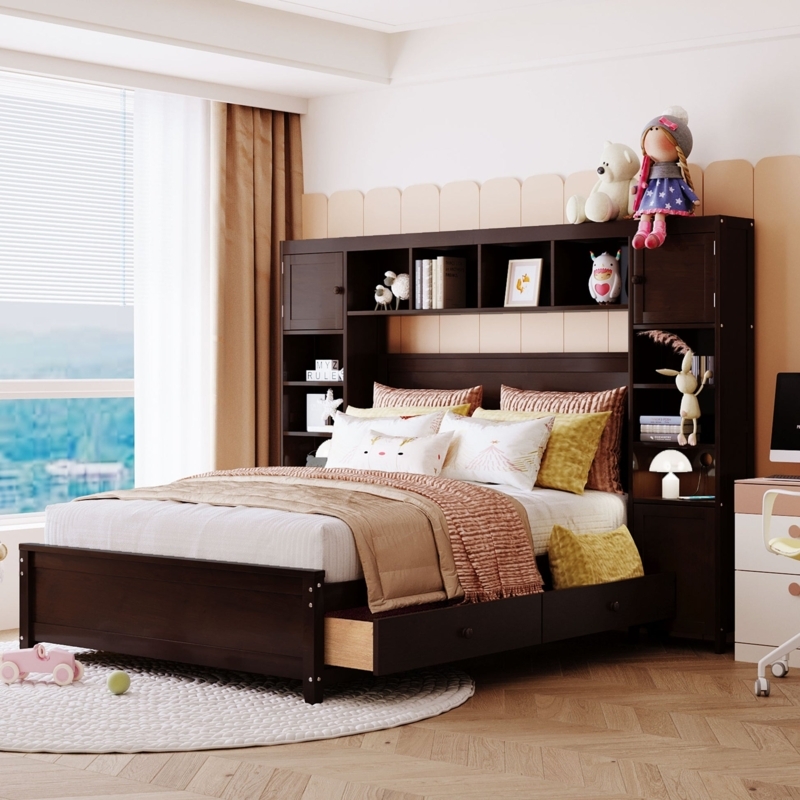 Bookcase Bed with Side Storage Cabinet in Espresso Finish