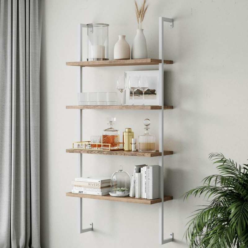 Bookcase Black Metal Pipe Supports Floating Light Wood Open Shelves