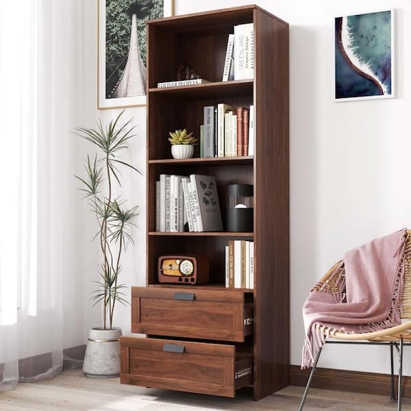 Bookcase Bottom Drawers Matte Tall Mid-Century Office Bookshelf
