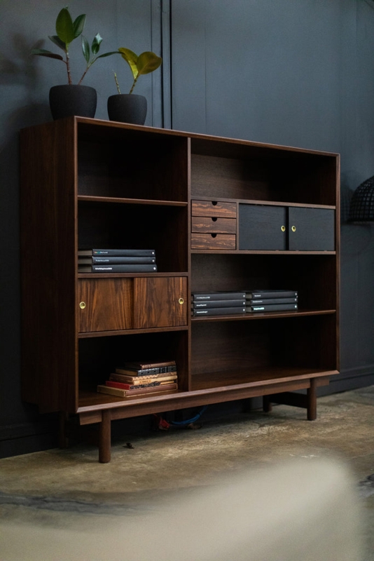 Bookcase Contrasting Back Panel Walnut Tapered Metal Legs Mid-Century Modern
