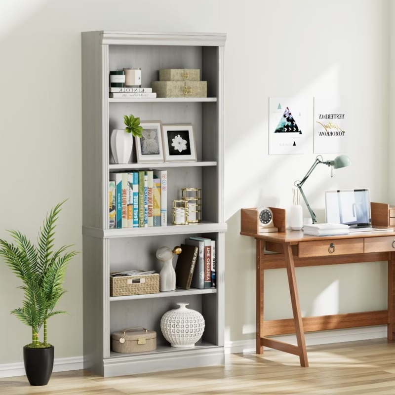 Bookcase Decorative Base Apron Ivory White Five Tier Transitional