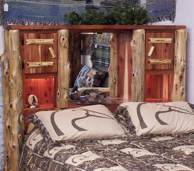 Bookcase Headboard Integrated Shelving Log Posts Lodge Style