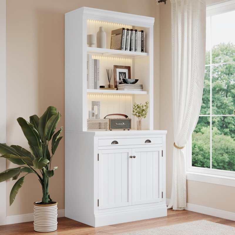 Bookcase Integrated LEDs White Shaker Cabinets and Drawers Tall