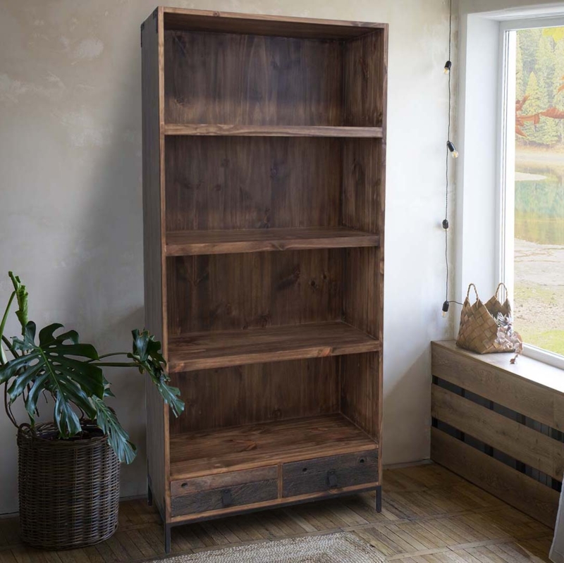 Bookcase Live Edge Warm Brown Base Drawers Cup Pulls Rustic Lodge