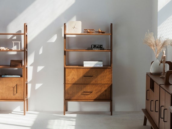 Bookcase Mid-Century Tapered Legs Recessed Handles