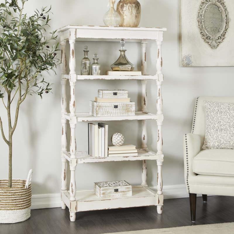 Bookcase Pierced Metal Back Turned Columns Distressed White Finish